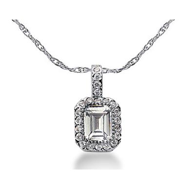Prong Set Emerald diamond with side stone Pendant Setting in 14K White Gold